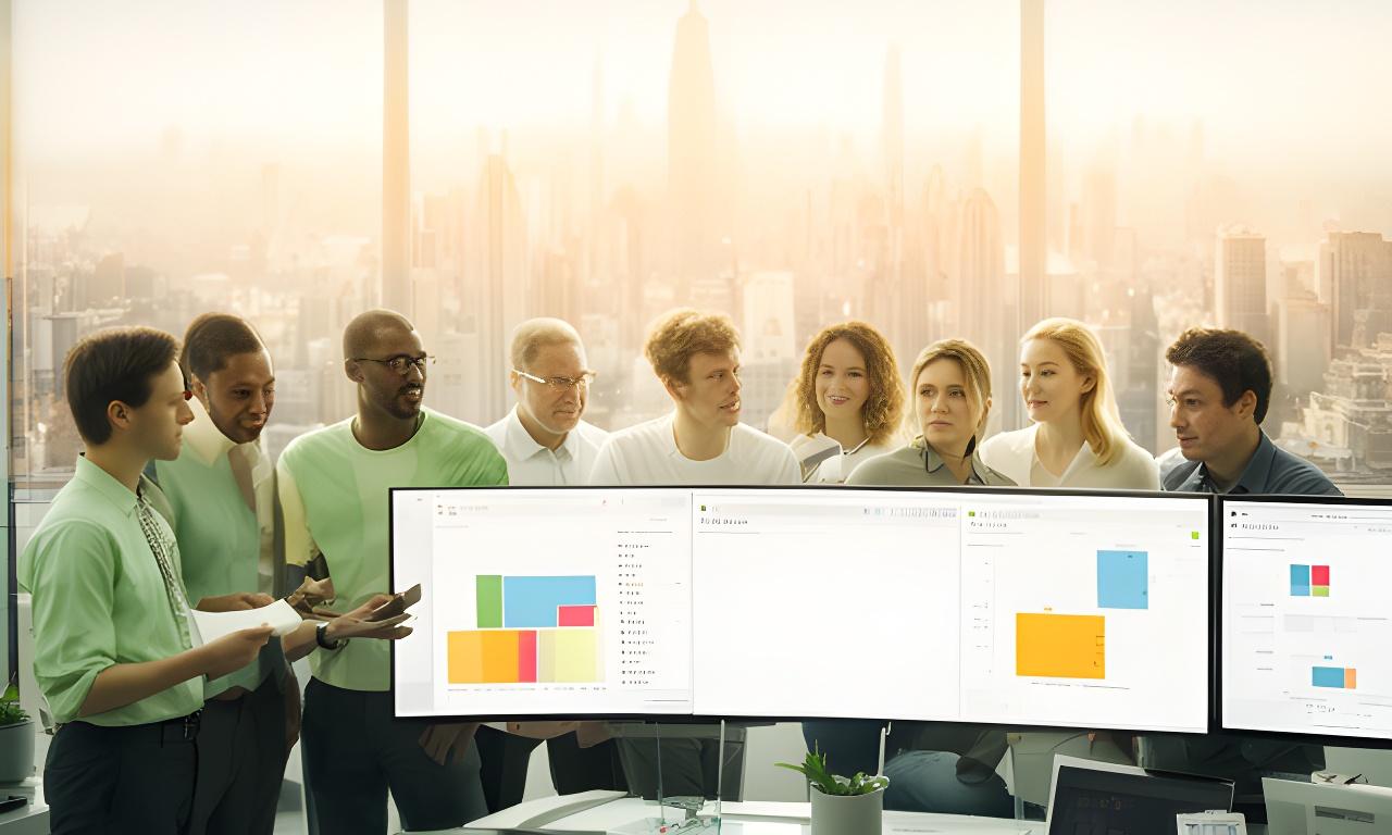 Foresight AI Research team reviewing market dashboards in a bright New York office with skyline light behind them