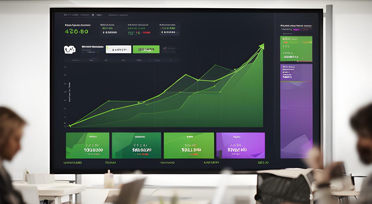 Digital pricing dashboard on a large screen with a rising market graph and product tiles in a modern workspace