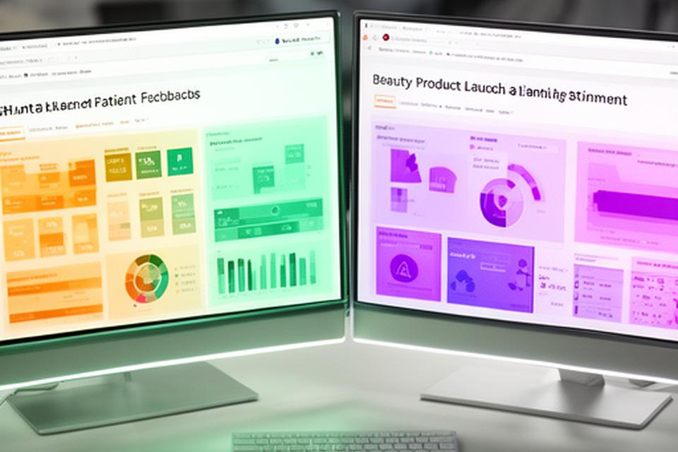 Side-by-side dashboard screens showing dental patient feedback and beauty product launch sentiment on a modern workstation