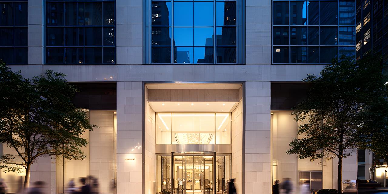 Modern Midtown Manhattan office building entrance near busy city street with clean stone facade and evening reflections