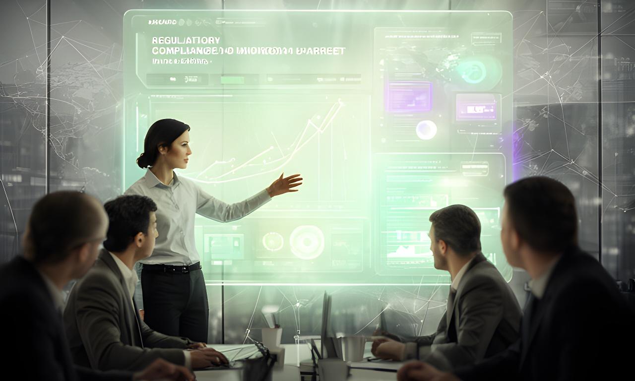 Analyst team reviewing a glowing world compliance dashboard in a modern strategy room