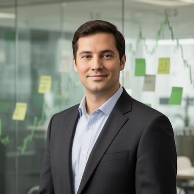 Chief data scientist standing beside a glass wall filled with market pattern notes